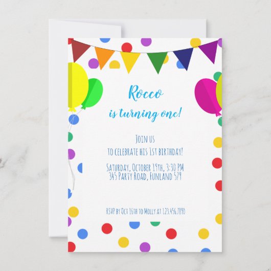 Farbenfrohe Confetti Dots and Balloons 1. Geburtst Einladung (Rückseite)