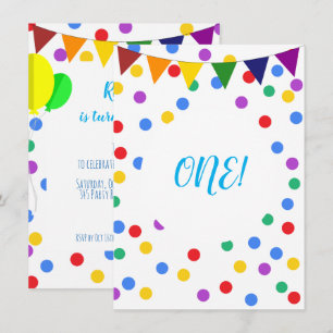 Farbenfrohe Confetti Dots and Balloons 1. Geburtst Einladung