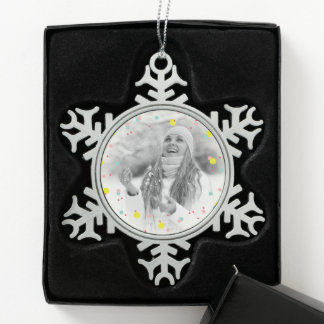 Farbenfrohe Confetti Dots Oh, was Spaß Urlaub Foto Schneeflocken Zinn-Ornament