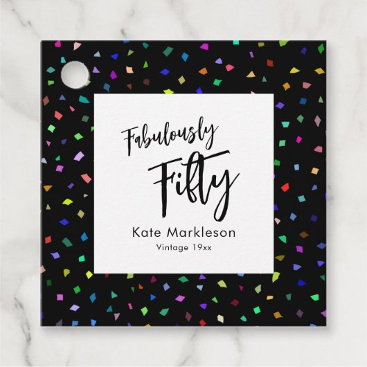 Farbenfrohe Confetti fabelhaft fifty Black & White Geschenkanhänger (Vorderseite)