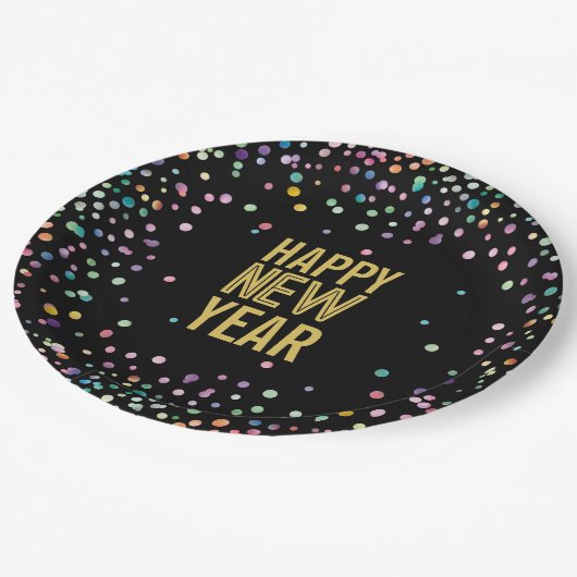 Farbenfrohe Confetti Silvester-Party Pappteller (Schrägansicht)