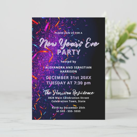 Farbenfrohe Confetti Streamers Silvester Party Einladung (Stehend Vorderseite)