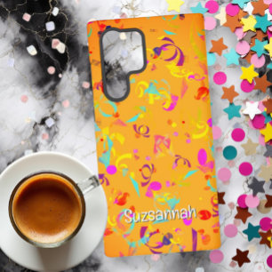 Farbenfrohe Confetti Toss über Orange Personalisie Samsung Galaxy Hülle