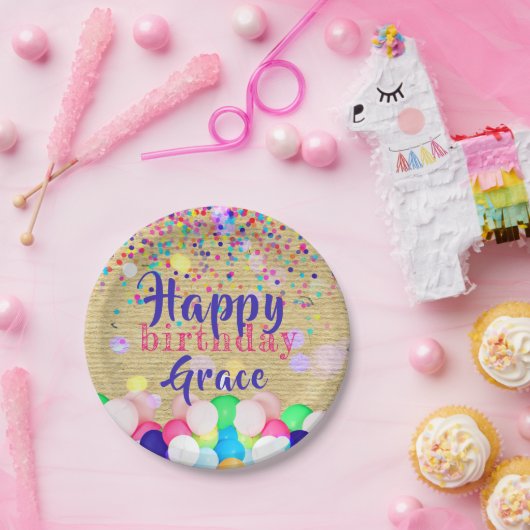 Farbenfrohe Confetti und Balloons glücklich zum Ge Pappteller (Party)