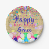 Farbenfrohe Confetti und Balloons glücklich zum Ge Pappteller (Vorderseite)