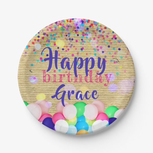 Farbenfrohe Confetti und Balloons glücklich zum Ge Pappteller (Vorderseite)