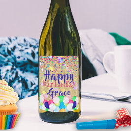 Farbenfrohe Confetti und Balloons glücklich zum Ge Weinetikett
