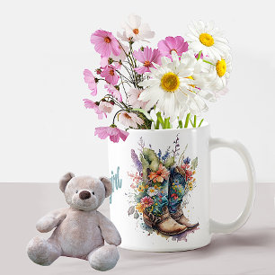 Farbenfrohe Cowgirl Stiefel und Blume Kaffeetasse