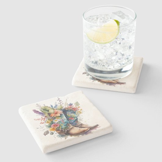 Farbenfrohe Cowgirl Stiefel und Blume Steinuntersetzer (Seitenansicht)