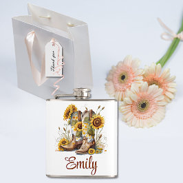 Farbenfrohe Cowgirl Stiefel und Sonnenblumen Flachmann