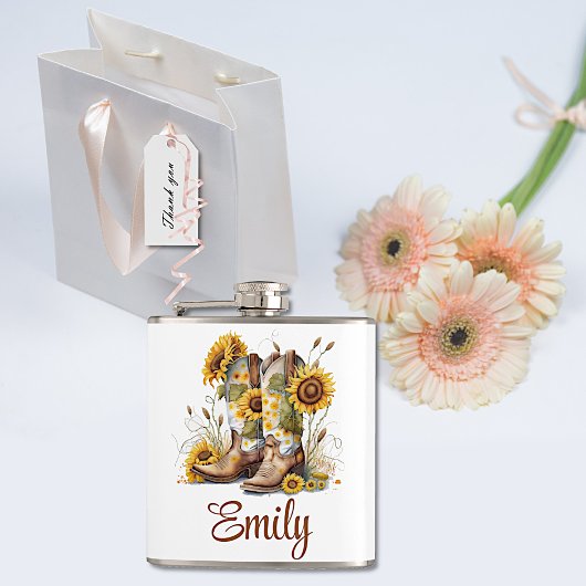 Farbenfrohe Cowgirl Stiefel und Sonnenblumen Flachmann