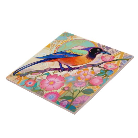 Farbenfrohe Crow Bird Rainbow Spring Blumen Fliese (Seite)