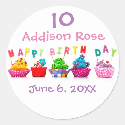 Farbenfrohe Cupcake - Girl Birthday Circle Sticker (Vorderseite)