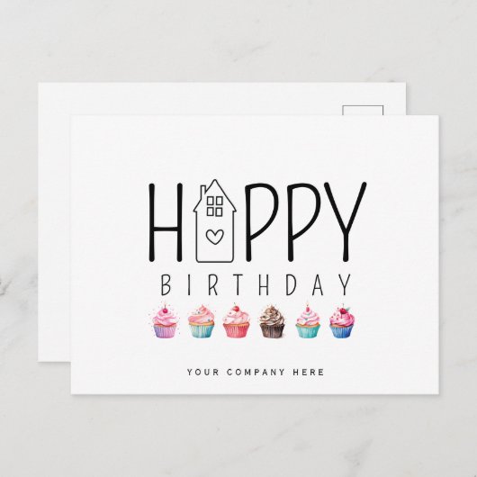 Farbenfrohe Cupcake House Happy Birthday Realty Postkarte (Vorne/Hinten)