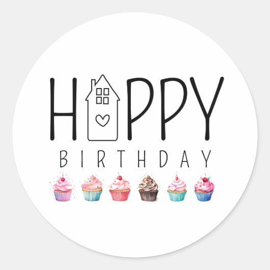 Farbenfrohe Cupcake House Happy Birthday Realty Runder Aufkleber (Vorderseite)