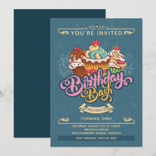 Farbenfrohe Cupcake-Süßigkeiten am Blue Birthday Einladung (Vorne/Hinten)