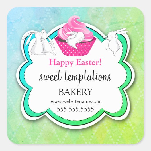 Farbenfrohe Cupcake Whimsical Bunnies Bäckerei Quadratischer Aufkleber (Vorderseite)