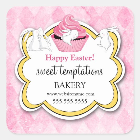 Farbenfrohe Cupcake Whimsical Bunnies Quadratischer Aufkleber (Vorderseite)