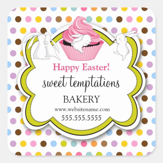 Farbenfrohe Cupcake Whimsical Bunnies Quadratischer Aufkleber (Vorderseite)