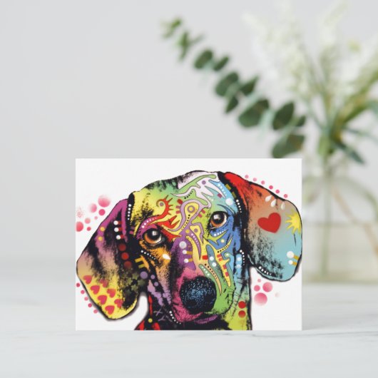farbenfrohe Dackel Postkarte (Stehend Vorderseite)
