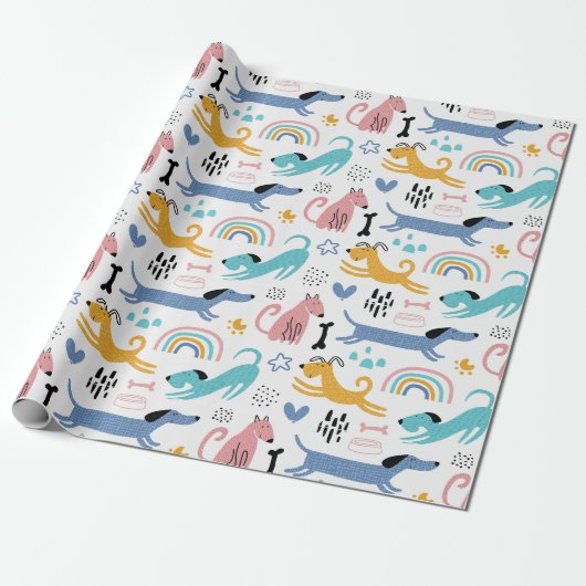 Farbenfrohe Dackelfreunde Geschenkpapier (Ungerollt)