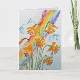 Farbenfrohe Daffodin Regenbogen Aquarell Grüße Karte