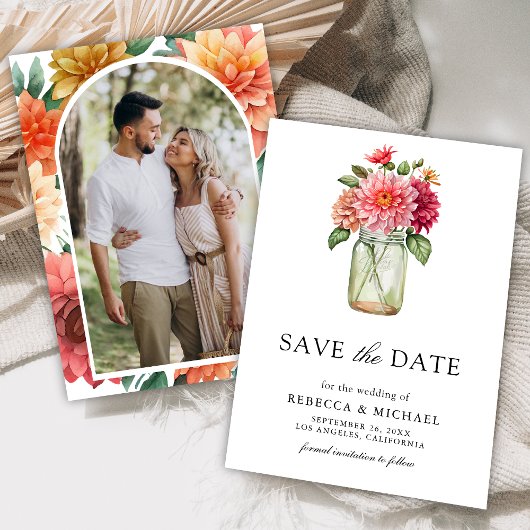 Farbenfrohe Dahlia Mason Jar Foto Wedding Save The Date