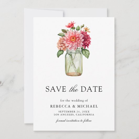 Farbenfrohe Dahlia Mason Jar Foto Wedding Save The Date (Vorderseite)