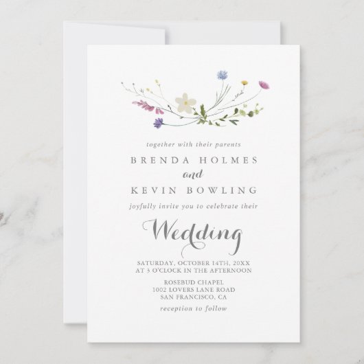 Farbenfrohe Dainty Wild Blume Hochzeit Einladung (Vorderseite)