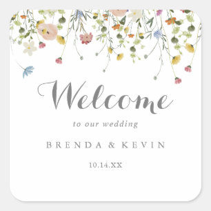 Farbenfrohe Dainty Wild Blume Hochzeit Willkommen Quadratischer Aufkleber