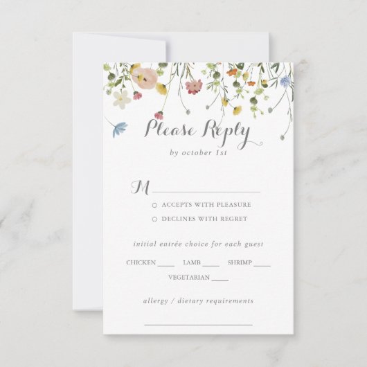 Farbenfrohe Dainty Wild Blume Menü UAWG RSVP Karte (Vorderseite)