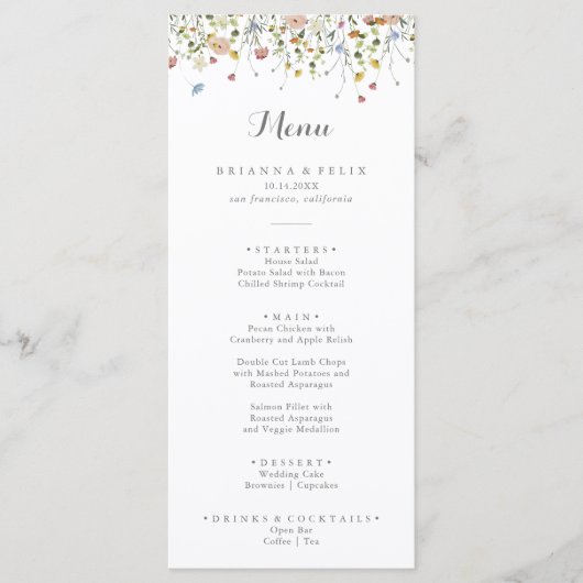 Farbenfrohe Dainty Wilde Blume Kalligrafie Abendes Menükarte (Vorderseite)