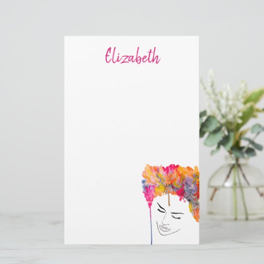 Farbenfrohe Dame funkelnde Haarfarbe Briefpapier (Stehend Vorderseite)