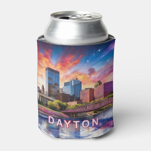 Farbenfrohe Dayton Skyline Abstrakt Art Dosenkühler (Kanne Vorderseite)