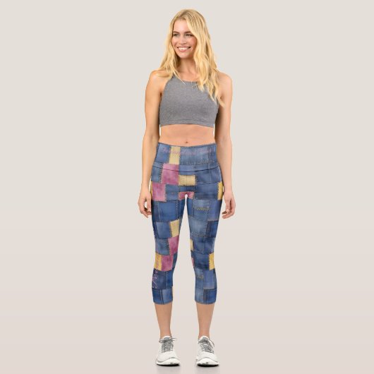 Farbenfrohe Denim Patchwork mit benutzerdefinierte Capri Leggings (Vorderseite)