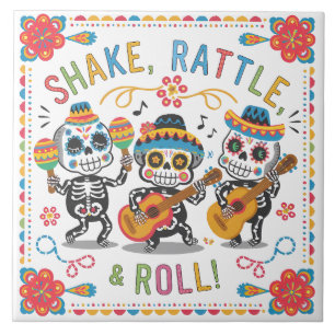 Farbenfrohe Día de los Muertos Fiesta Skelett-Band Fliese