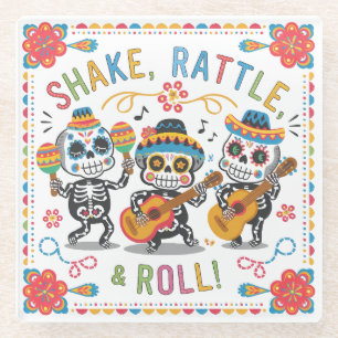 Farbenfrohe Día de los Muertos Fiesta Skelett-Band Glasuntersetzer