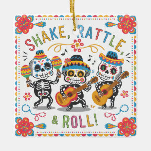 Farbenfrohe Día de los Muertos Fiesta Skelett-Band Keramikornament