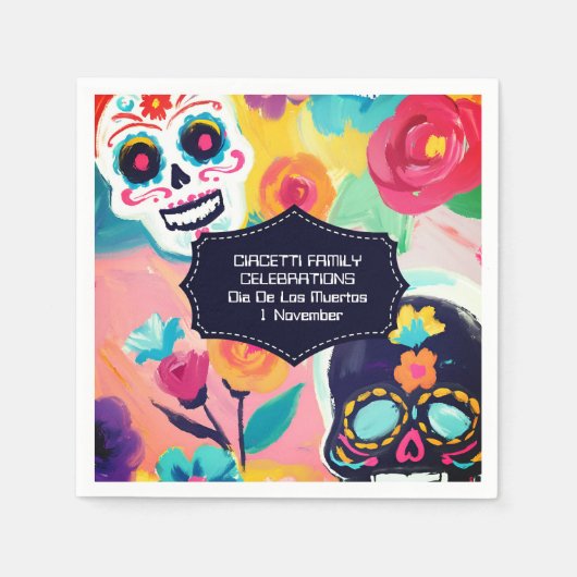 Farbenfrohe Dia De Los Muertos Zuckerschädel Serviette (Vorderseite)