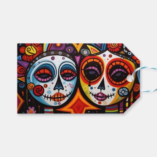 Farbenfrohe 💀 Día de Muertos Geschenkanhänger (Vorderseite (Horizontal))