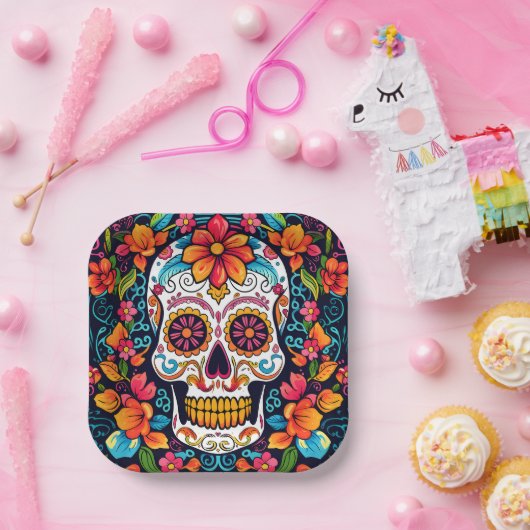 Farbenfrohe Dia de Muertos ☠️ Sugar Skull Pappteller (Party)