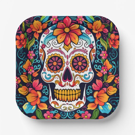 Farbenfrohe Dia de Muertos ☠️ Sugar Skull Pappteller (Vorderseite)