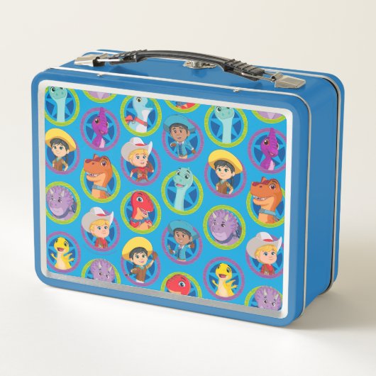 Farbenfrohe Dino Ranch Muster Metall Brotdose (Rückseite)