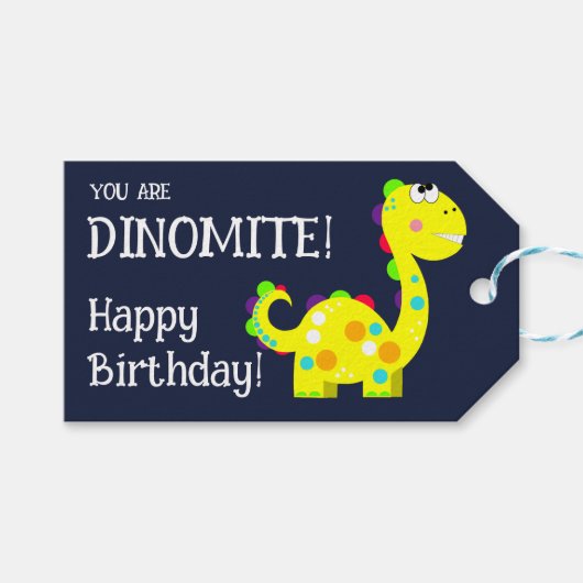 Farbenfrohe Dinosaur Happy Birthday Geschenkanhänger (Vorderseite (Horizontal))