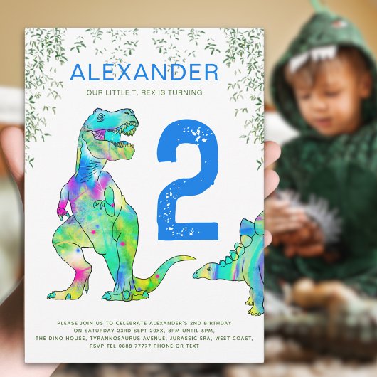 Farbenfrohe Dinosaurier 2. Geburtstags-Party Einladung