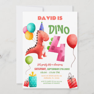 Farbenfrohe Dinosaurier 4. Geburtstag Dino Party Einladung