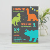 Farbenfrohe Dinosaurier Einladung zum ersten Gebur (Stehend Vorderseite)