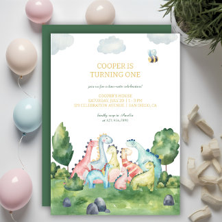 Farbenfrohe Dinosaurier Erste Geburtstagsparty Einladung