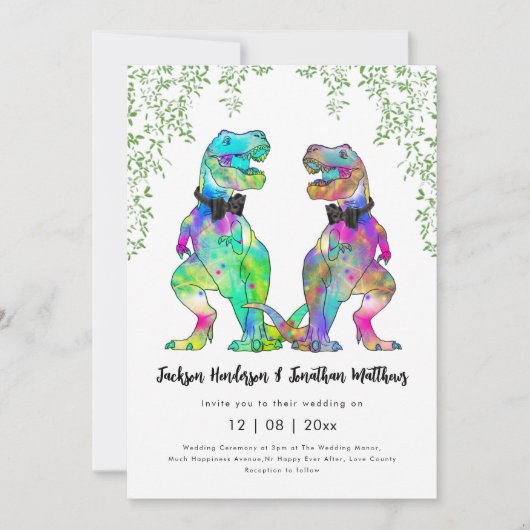 Farbenfrohe Dinosaurier Gay Wedding T-Rex zwei Gro Einladung (Vorderseite)