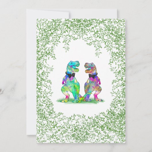 Farbenfrohe Dinosaurier Gay Wedding T-Rex zwei Gro Einladung (Rückseite)